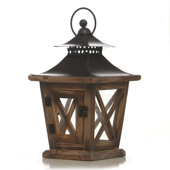 Distressed Wood Glass Candle Lantern with Perforated Metal Top and Vintage Latch Kalsten
