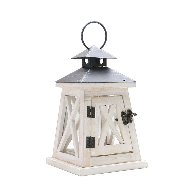 Distressed Wood Glass Candle Lantern with Perforated Metal Top and Vintage Latch Kalsten