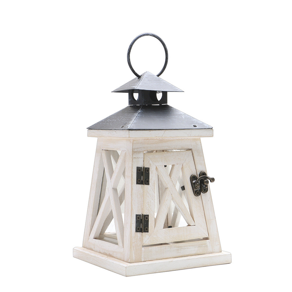 Rustic Wooden Glass-Paneled Lantern with Metal Roof and Latch Candle Holder Kalsten