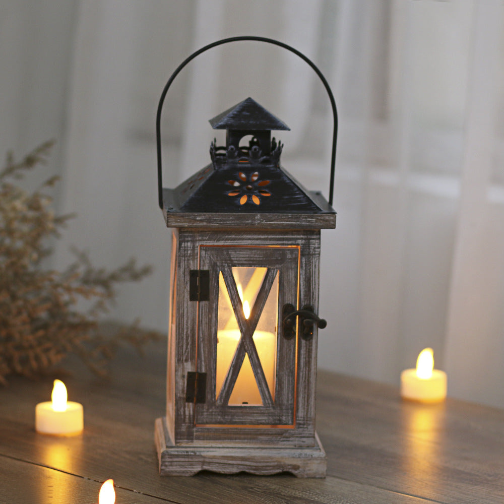 Rustic Distressed Wood Glass-Paneled Decorative Candle Lantern with Metal Top and Carry Handle Kalsten