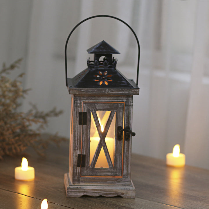 Rustic Distressed Wood Glass-Paneled Decorative Candle Lantern with Metal Top and Carry Handle Kalsten