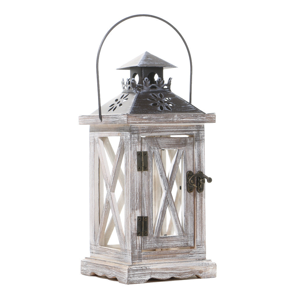 Rustic Distressed Wood Glass-Paneled Decorative Candle Lantern with Metal Top and Carry Handle Kalsten