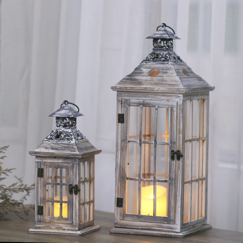 Rustic Distressed Wood Windowpane Glass Candle Lantern Set with Ornate Metal Roof Kalsten