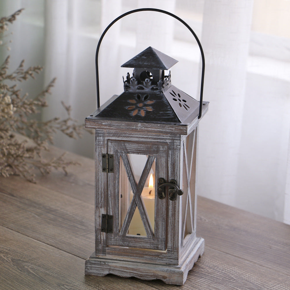 Distressed Wood Glass Candle Lantern with Perforated Metal Top and Vintage Latch Kalsten