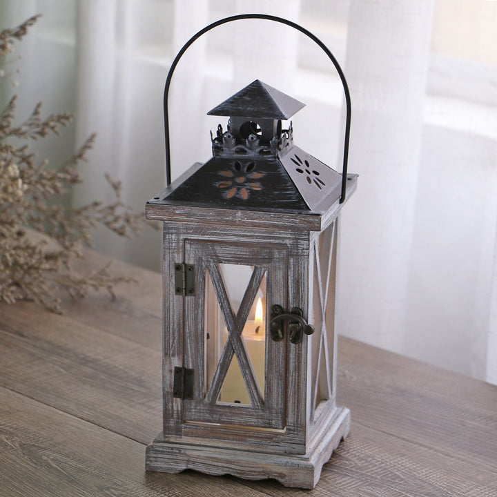 Rustic Distressed Wood Glass-Paneled Decorative Candle Lantern with Metal Top and Carry Handle Kalsten