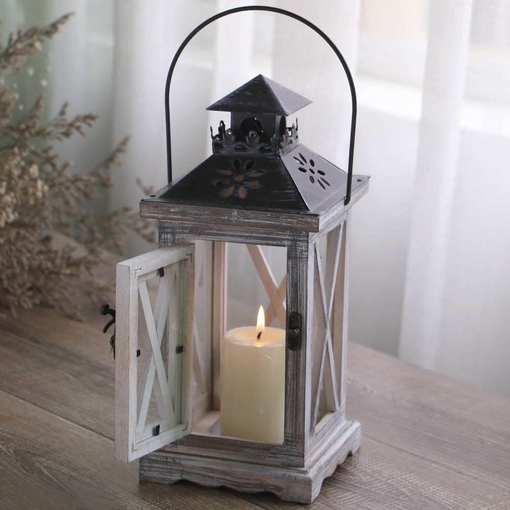 Rustic Distressed Wood Glass-Paneled Decorative Candle Lantern with Metal Top and Carry Handle Kalsten