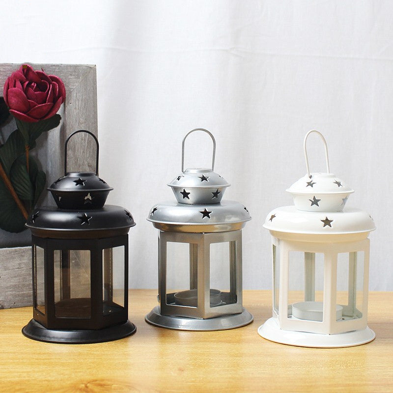 Mini Hexagonal Glass-Panelled Party Tealight Lantern with Star Venting and Carry Handle Kalsten