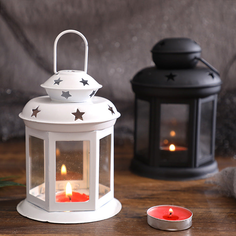 Mini Hexagonal Glass-Panelled Party Tealight Lantern with Star Venting and Carry Handle Kalsten