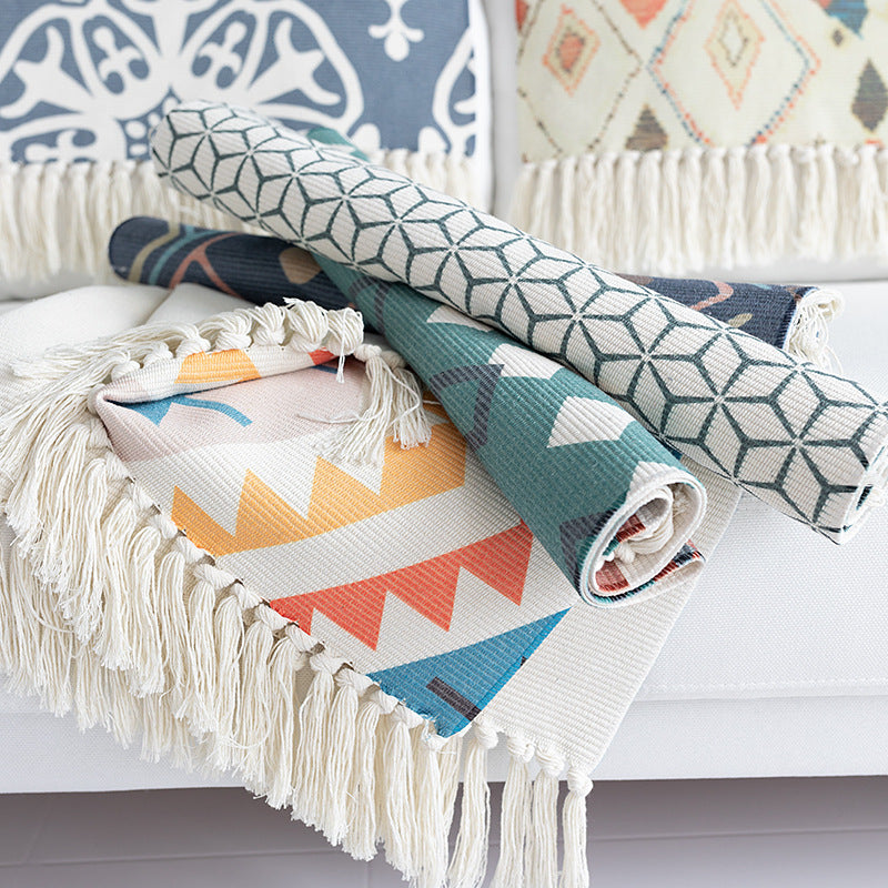 Flat-woven cotton carpet runner with ethnic diamond pattern and decorative fringes Kalsten