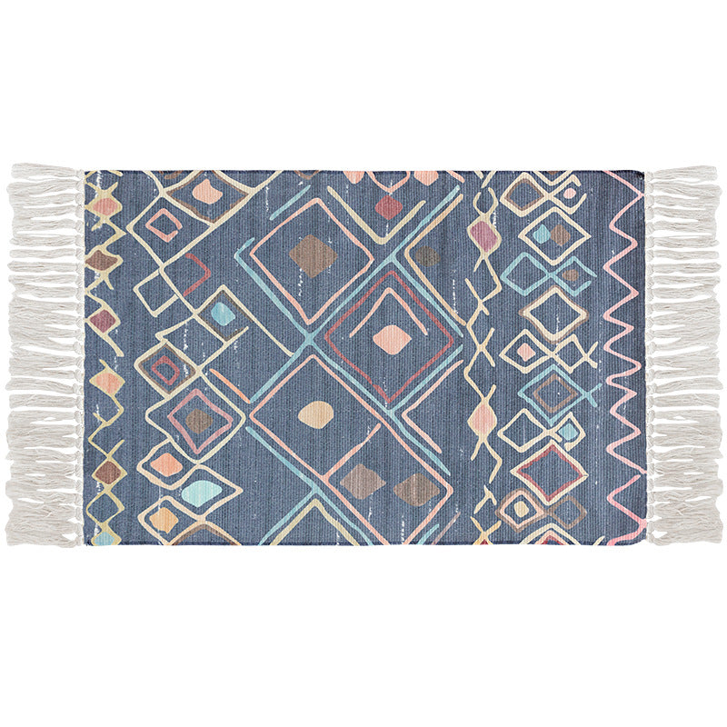 Flat-woven cotton carpet runner with ethnic diamond pattern and decorative fringes Kalsten