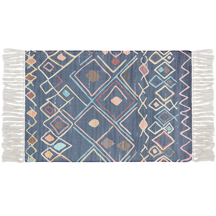 Flat-woven cotton carpet runner with ethnic diamond pattern and decorative fringes Kalsten