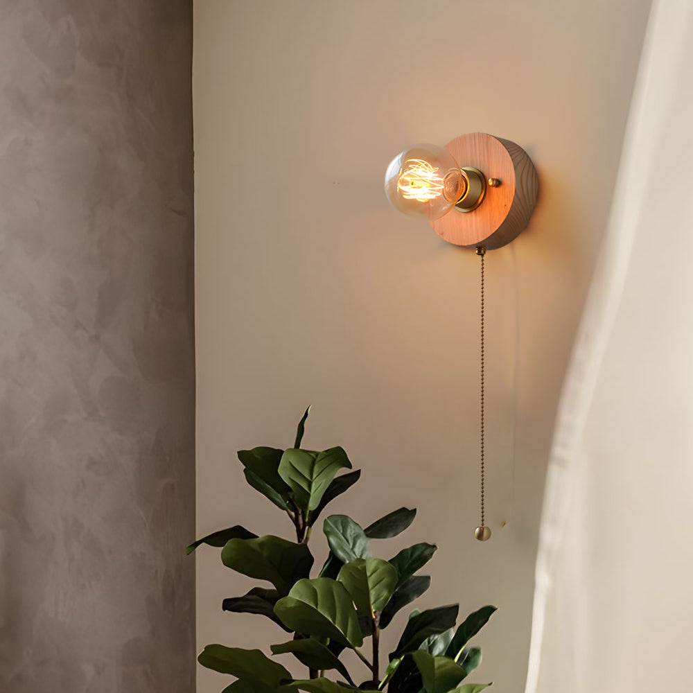 Round/Square Vintage Walnut Wood Wall Lamp 1-light with Pull Chain Switch | Noxord