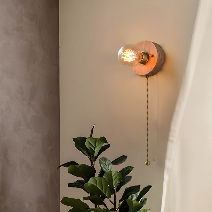 Round/Square Vintage Walnut Wood Wall Lamp 1-light with Pull Chain Switch | Noxord