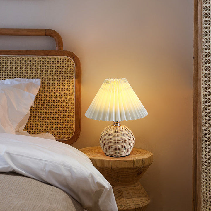 Kalsten | RattaLume Nordic LED Table Lamp | Woven Rattan & Foldable Fabric Shade | Mood Light | Decor for the Bedroom