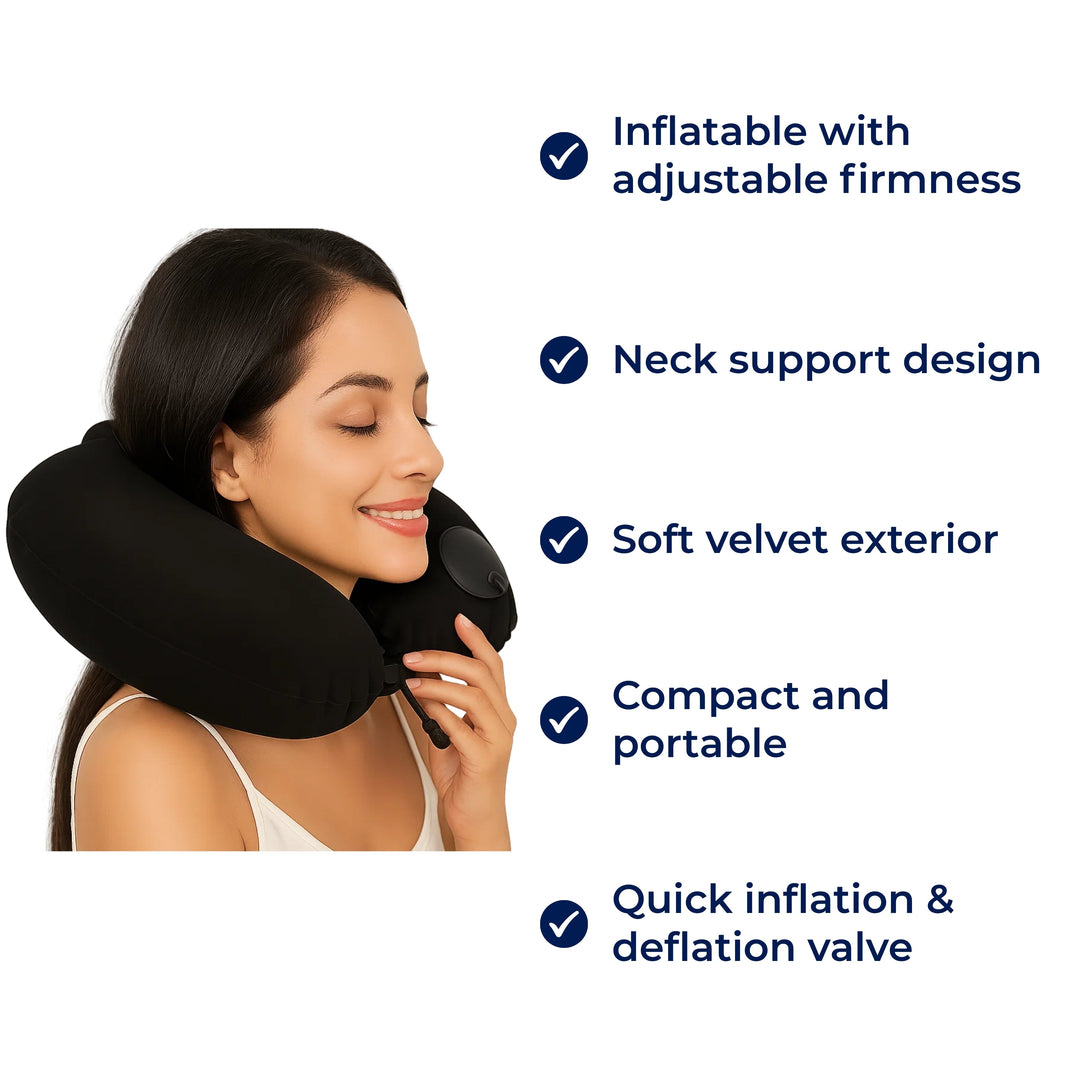 TravelThrive | Inflatable Travel Neck Pillow – Adjustable Firmness – Soft Velvet Cover – Neck Pain Relief – Compact for All Journeys Kalsten
