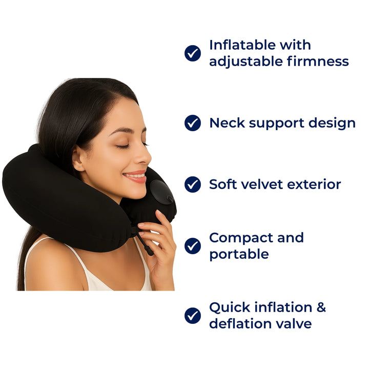 TravelThrive | Inflatable Travel Neck Pillow – Adjustable Firmness – Soft Velvet Cover – Neck Pain Relief – Compact for All Journeys Kalsten