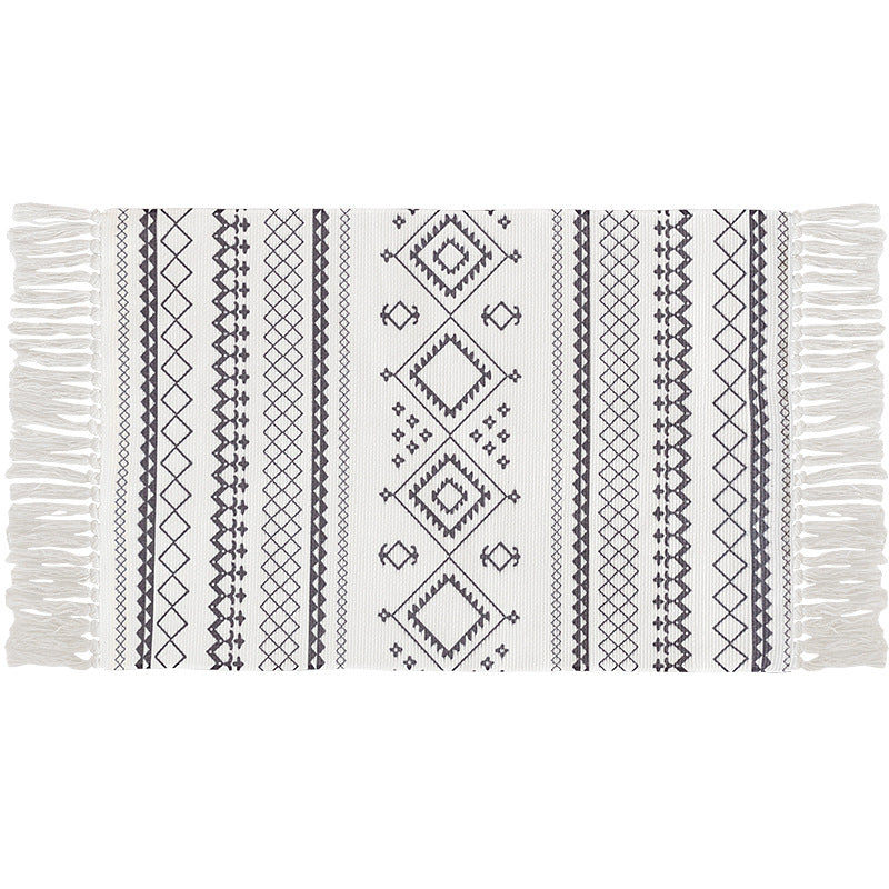 Flat-woven cotton carpet runner with ethnic diamond pattern and decorative fringes Kalsten