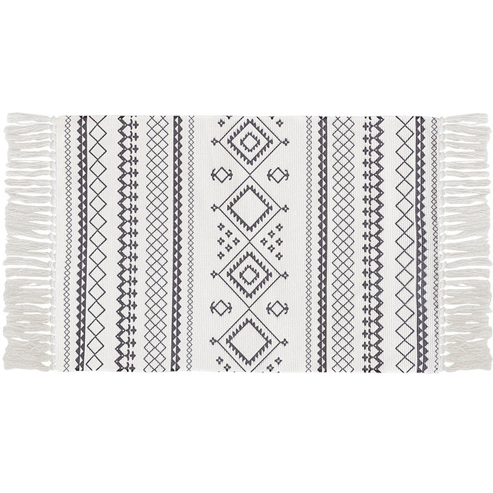 Flat-woven cotton carpet runner with ethnic diamond pattern and decorative fringes Kalsten