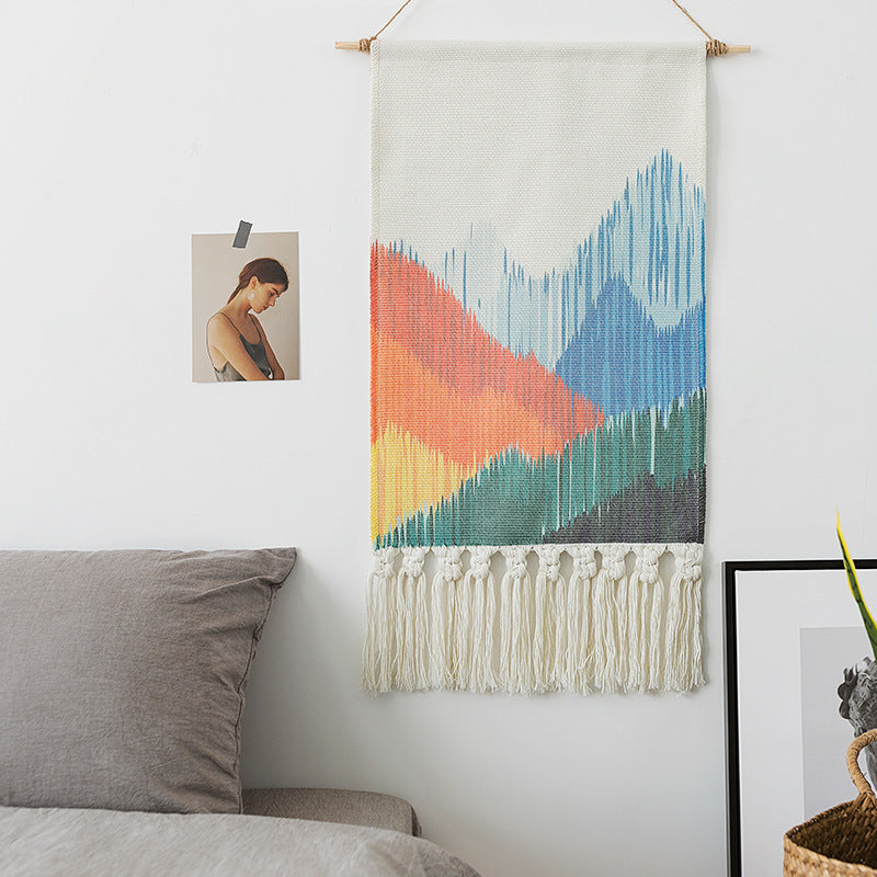 Woven Boho Wall Hanging Set with Fringes and Geometric Ethno Print Kalsten