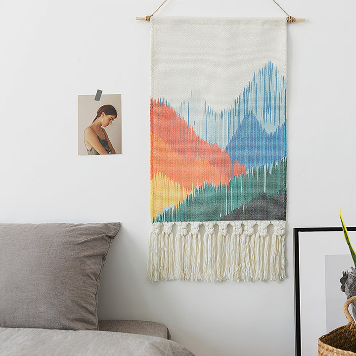 Woven Boho Wall Hanging Set with Fringes and Geometric Ethno Print Kalsten