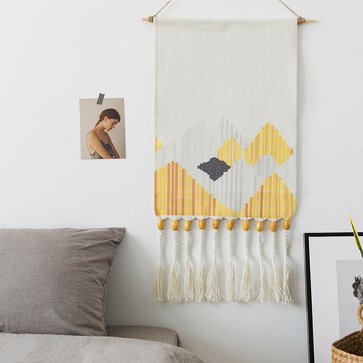 Woven Boho Wall Hanging Set with Fringes and Geometric Ethno Print Kalsten