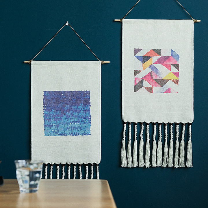 Woven Boho Wall Hanging Set with Fringes and Geometric Ethno Print Kalsten