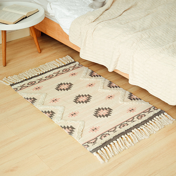 Flat-woven cotton runner in Kilim-Ethno design with fringes Kalsten