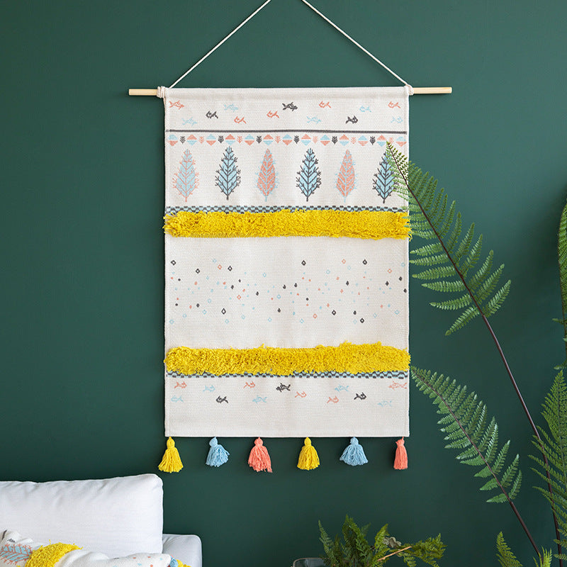 Wall tapestry in Scandi-Boho style with tufting stripes, tassels, and wooden rod Kalsten