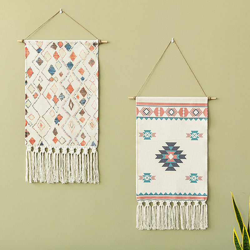 Woven Boho Wall Hanging Set with Fringes and Geometric Ethno Print Kalsten