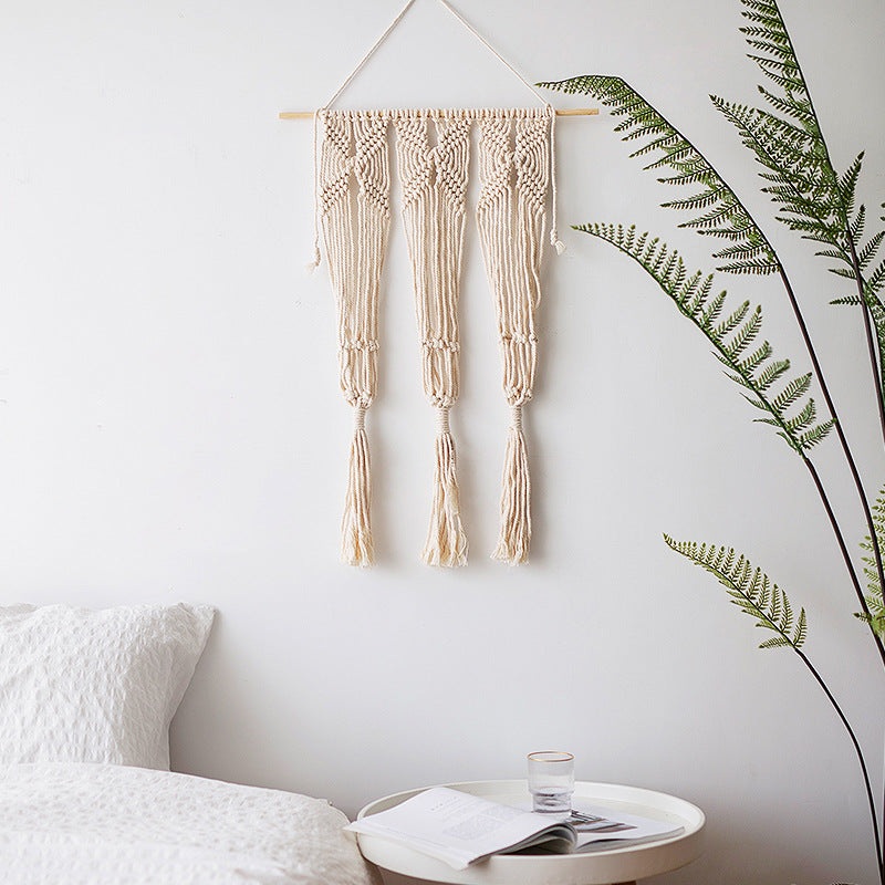 Macramé wall hanging with geometric triple tassel design and wooden rod Kalsten