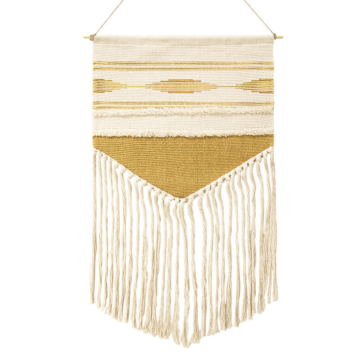 Handwoven wall hanging made of cotton blend with layered textures, wood rod and long fringes Kalsten