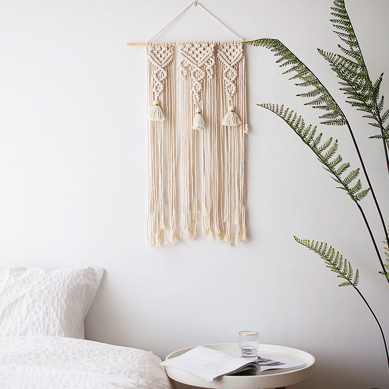 Macramé wall hanging with geometric triple tassel design and wooden rod Kalsten