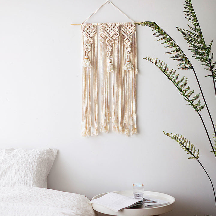 Macramé wall hanging with geometric triple tassel design and wooden rod Kalsten