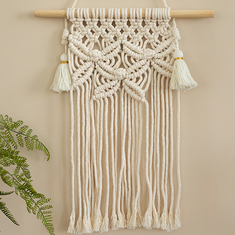 Macramé wall hanging with geometric triple tassel design and wooden rod Kalsten