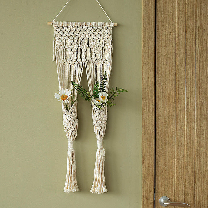 Macramé wall hanging with geometric triple tassel design and wooden rod Kalsten