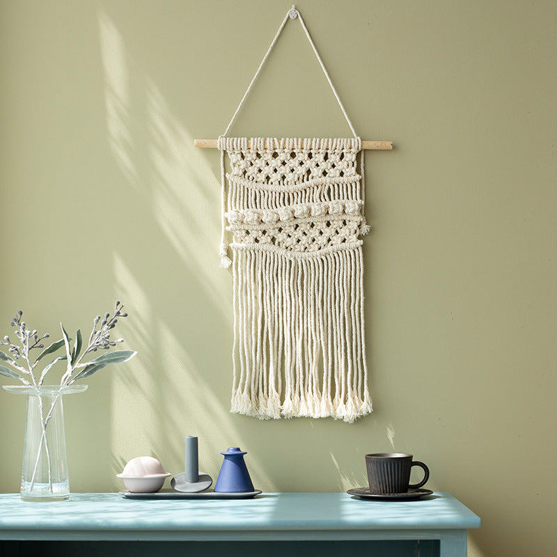Macramé wall hanging with geometric triple tassel design and wooden rod Kalsten