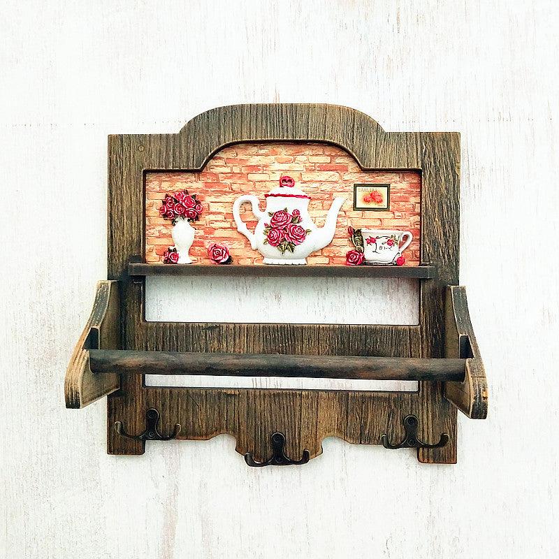 Rustic Wooden Wall Shelf with Hooks