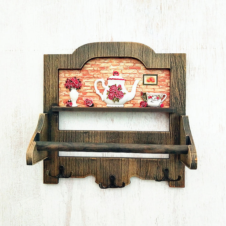 Rustic Wooden Wall Shelf with Hooks
