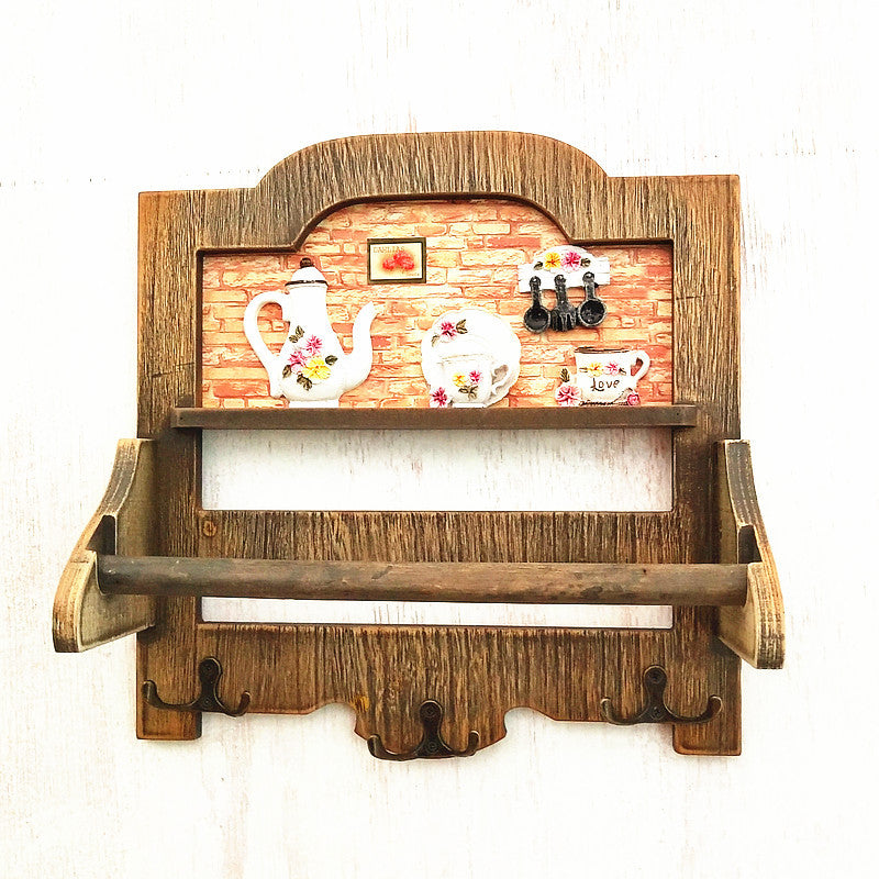 Rustic Wooden Wall Shelf with Hooks