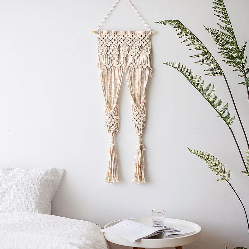 Macramé wall hanging with geometric triple tassel design and wooden rod Kalsten