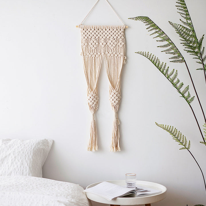 Macramé wall hanging with geometric triple tassel design and wooden rod Kalsten