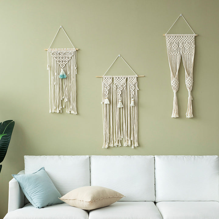 Macramé wall hanging with geometric triple tassel design and wooden rod Kalsten