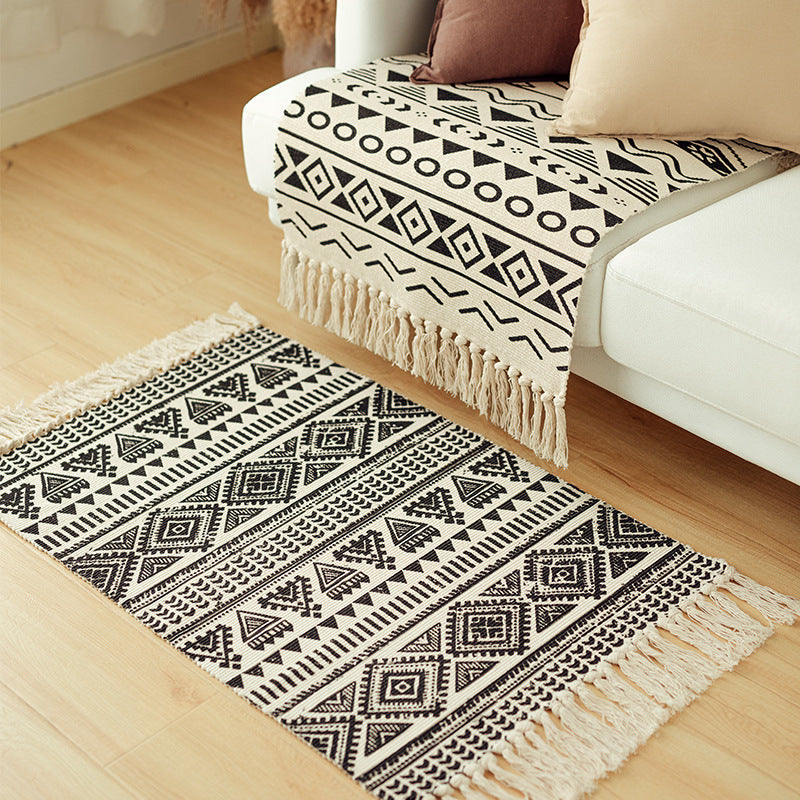 Flat-woven cotton runner in Boho-Tribal design with geometric diamond patterns and hand-fringed edge