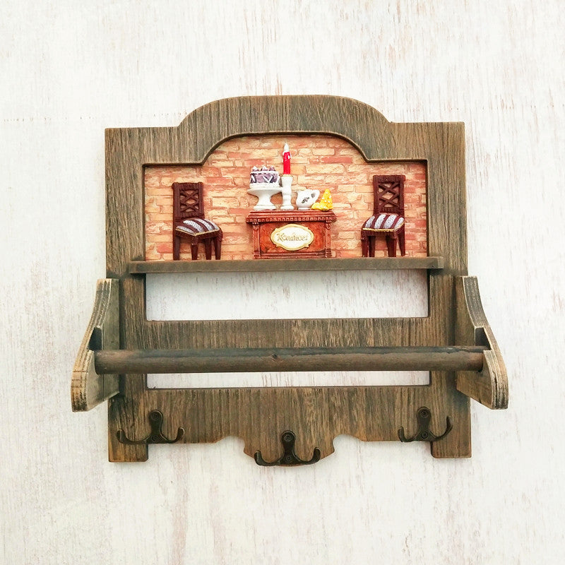 Rustic Wooden Wall Shelf with Hooks