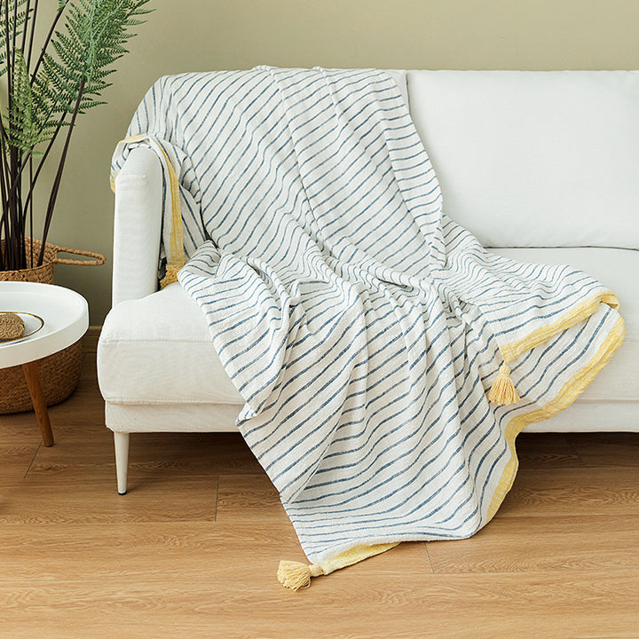 Light striped cotton throw blanket with fringes and textured knot appliqué Kalsten