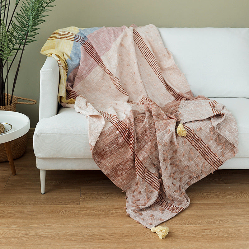 Light striped cotton throw blanket with fringes and textured knot appliqué Kalsten