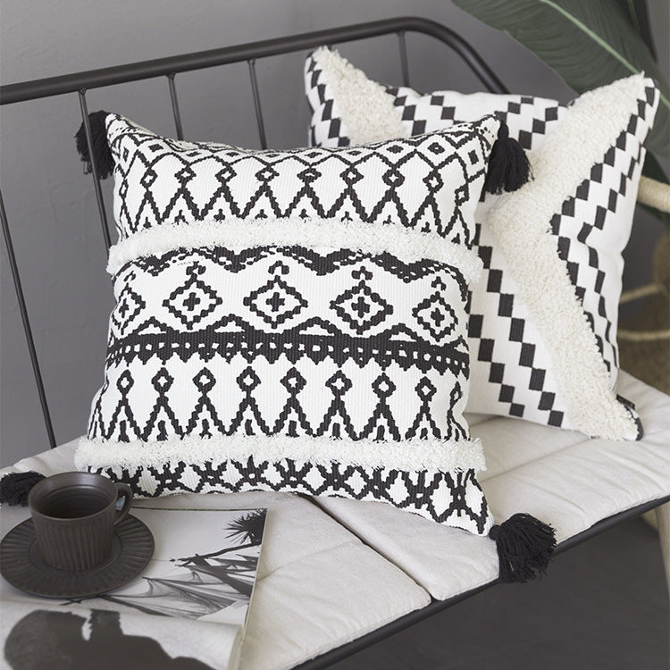Rectangular Boho lumbar pillow with jacquard weaving, fringe stripes, and corner tassels Kalsten