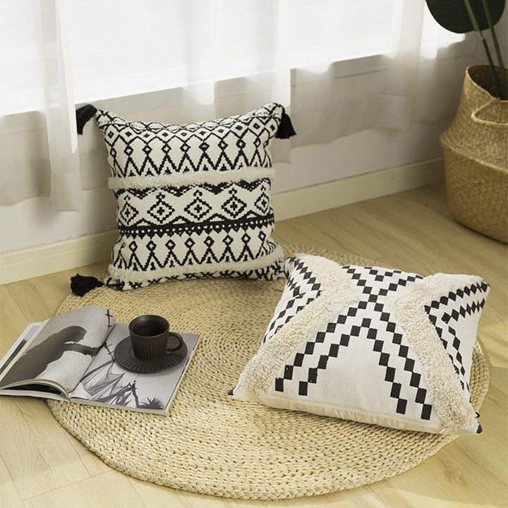 Rectangular Boho lumbar pillow with jacquard weaving, fringe stripes, and corner tassels Kalsten