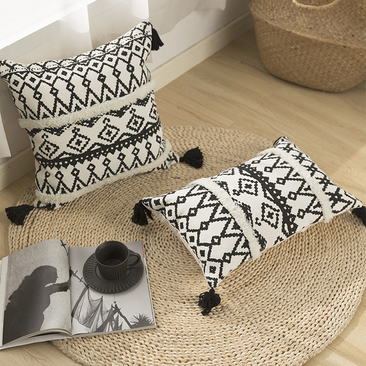 Rectangular Boho lumbar pillow with jacquard weaving, fringe stripes, and corner tassels Kalsten