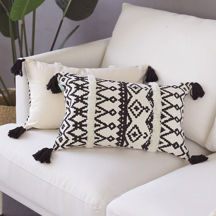 Rectangular Boho lumbar pillow with jacquard weaving, fringe stripes, and corner tassels Kalsten